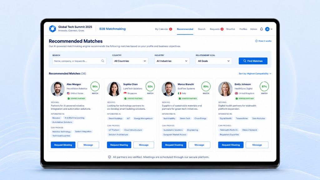 B2B matchmaking dashboard — AI-recommended matches with match scores, seeking and offering tags, and one-click meeting requests