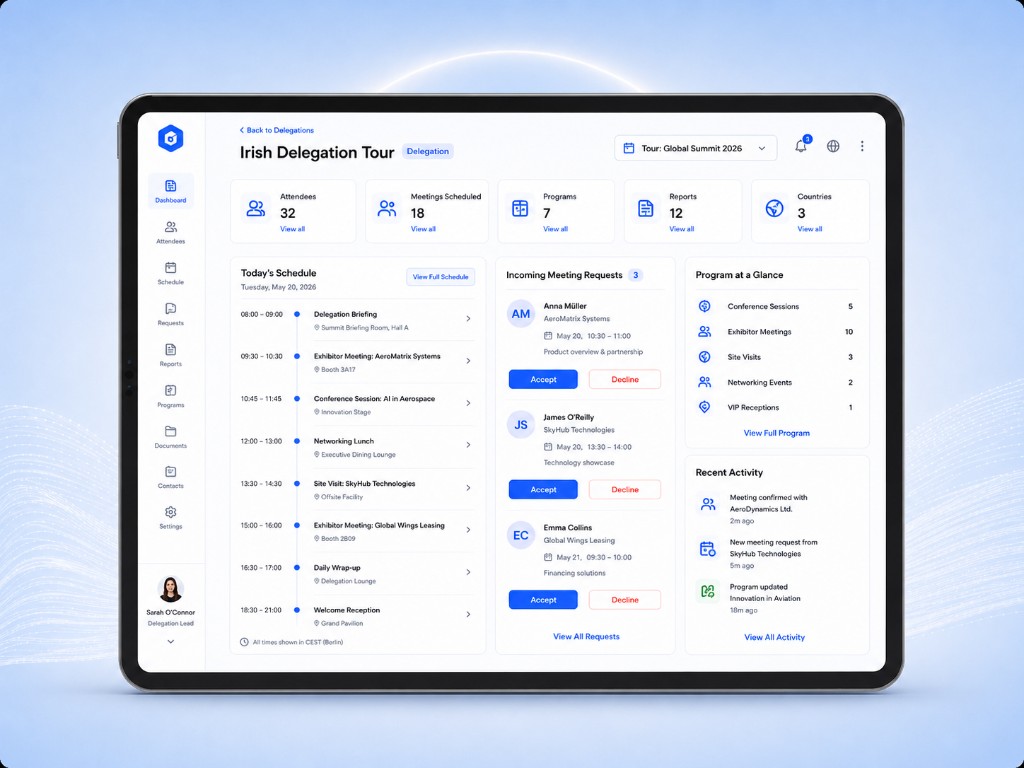 Delegation management dashboard — schedule, meeting requests, program overview, reports, countries, and recent activity