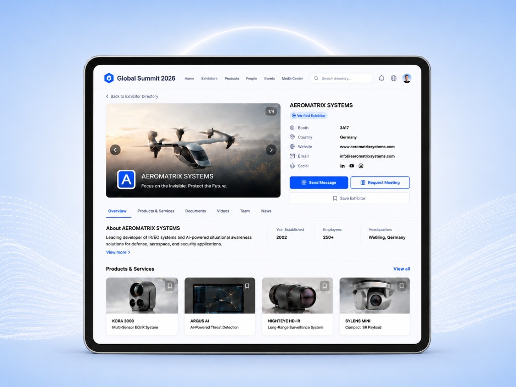 Digital directory — exhibitor profile with verified status, contact details, products, and direct messaging