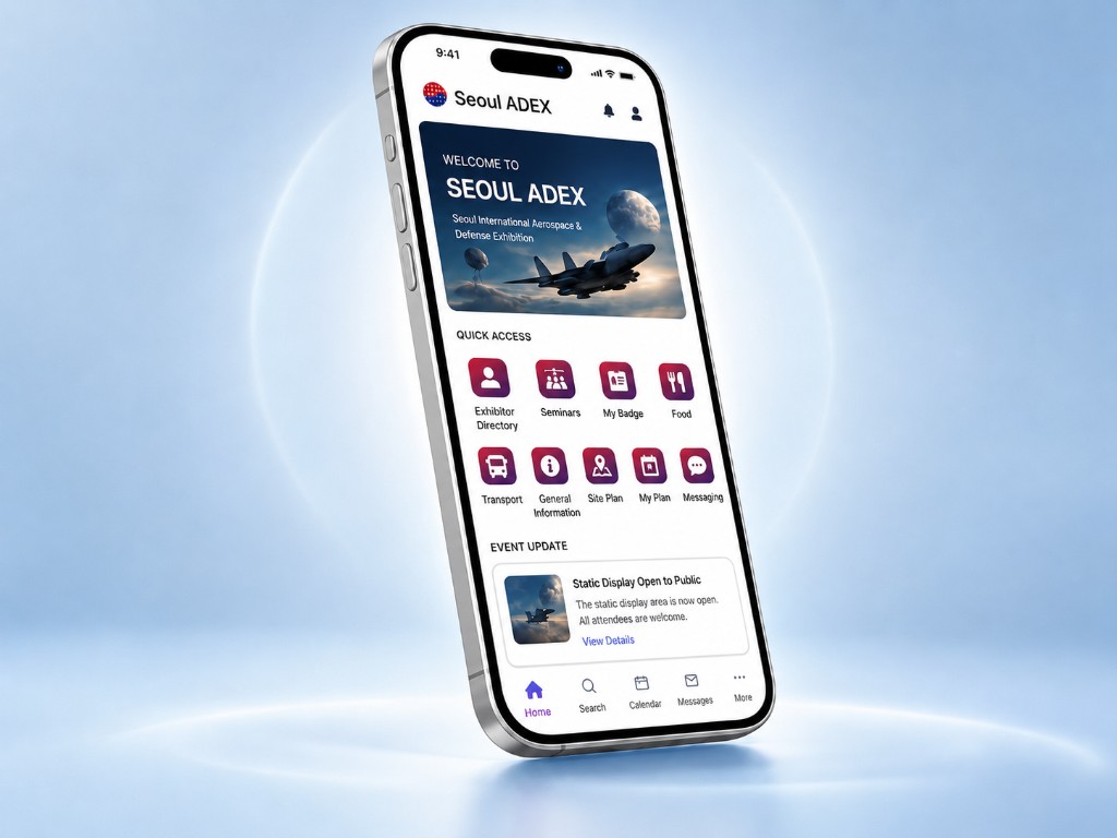Seoul ADEX event app — mobile home screen with quick access to directory, seminars, badge, site plan, schedule, and messaging