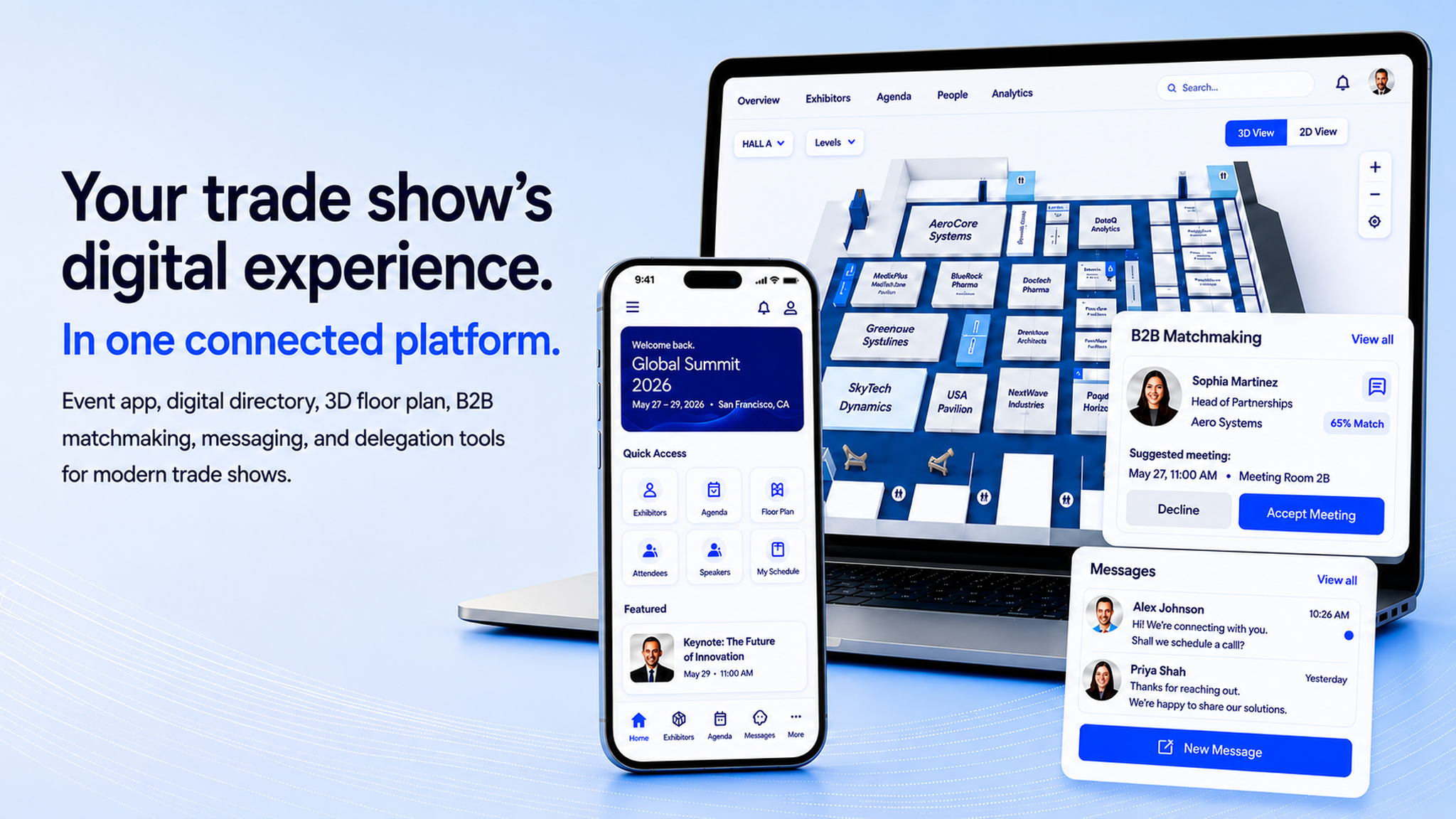 Your trade show's digital experience in one connected platform — event app, digital directory, 3D floor plan, B2B matchmaking, messaging, and delegation tools