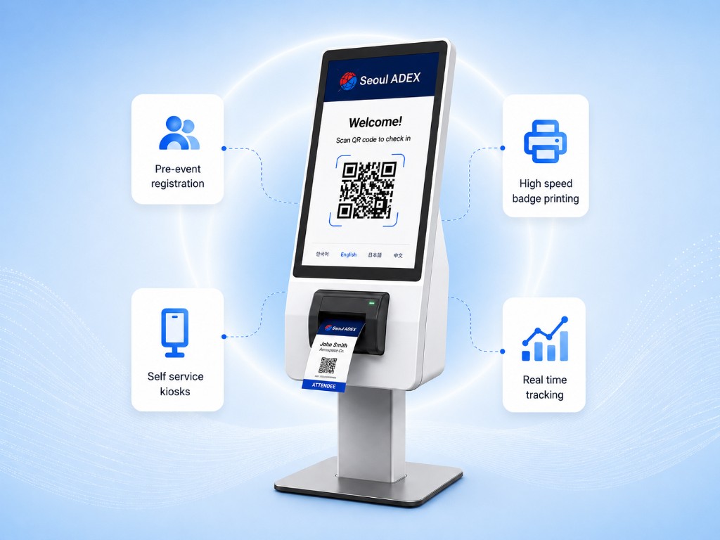 On-site registration and badging — pre-event registration, self-service kiosks, badge printing, and real-time tracking